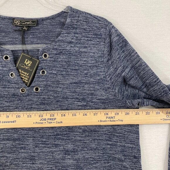 New DG2 by Diane Gilman Large Y Neck Blue Gray Stretch Knit Long Sleeve Top - Picture 7 of 10